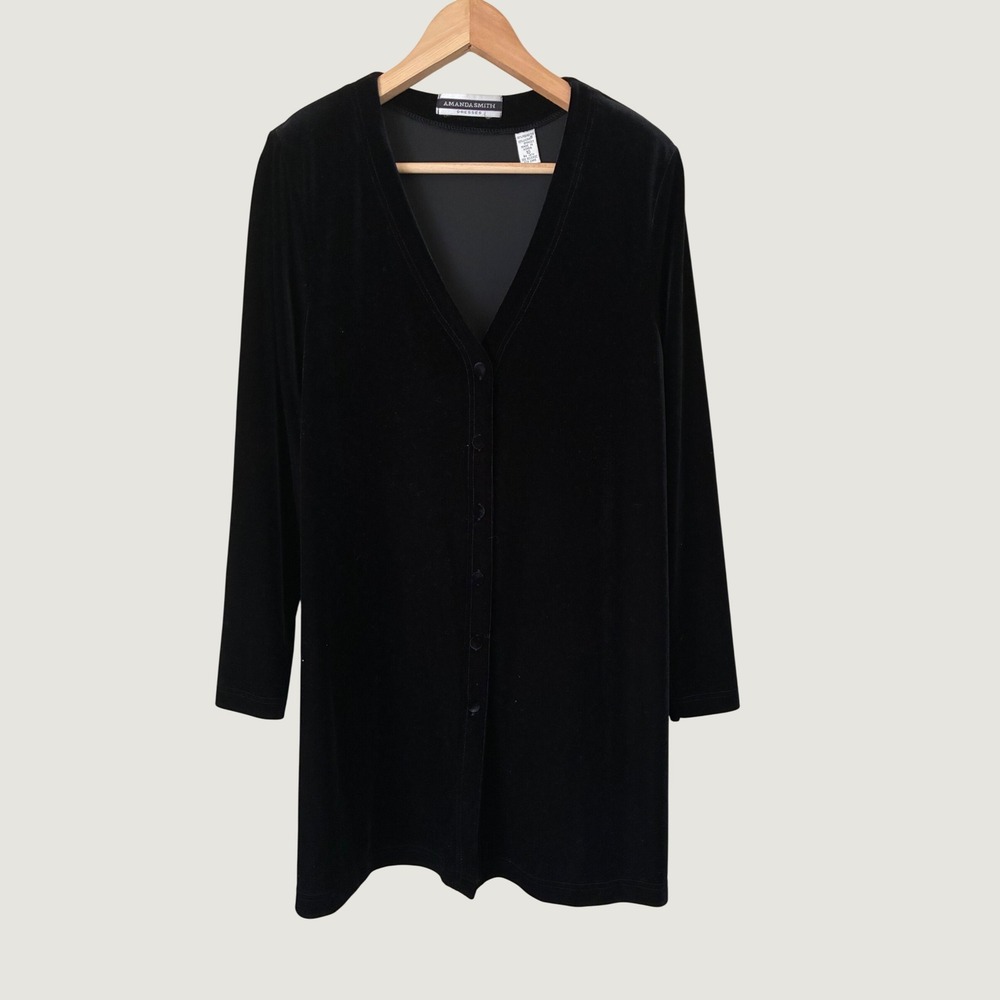 Amanda Smith Vintage Black Velvet V-Neck Button Front Mini Dress Swing Goth 10‎